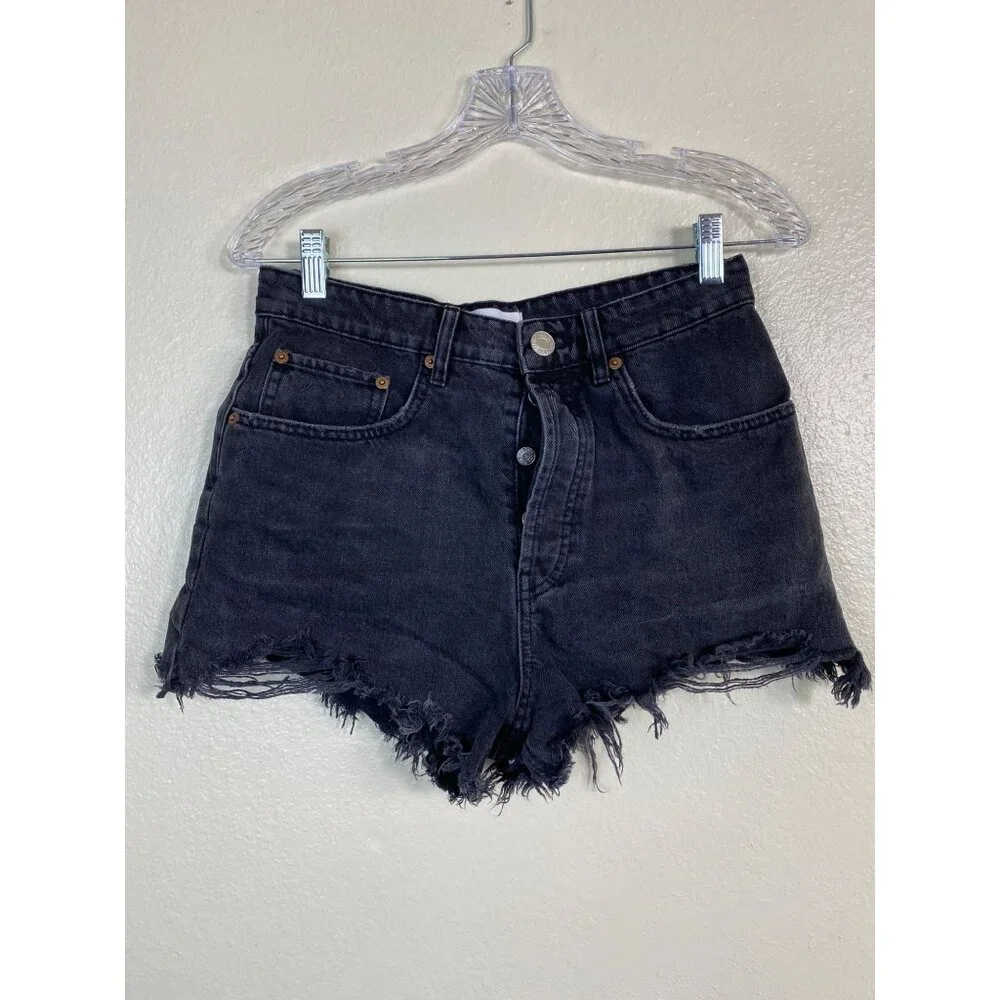 Zara Womens High Rise Cut Off Black Denim Jean Shorts Size 6 Button Fly‎ Capsule